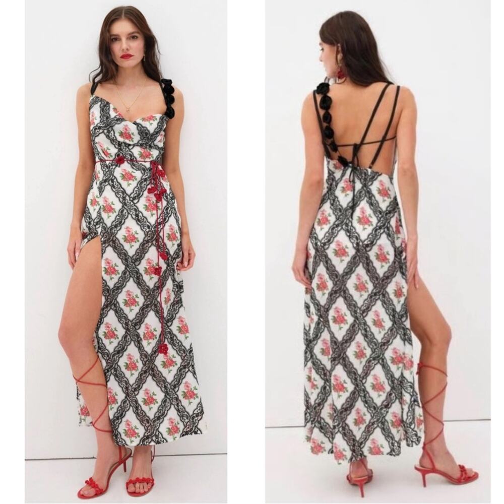 FOR LOVE & LEMONS Vittoria Floral Strappy Rosette Cowl Neck Maxi Dress Size M